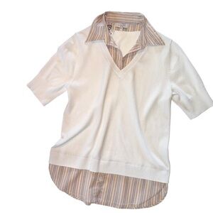 NWT J. Society Short Sleeve Sweater with Stripe Shirting in White, size M